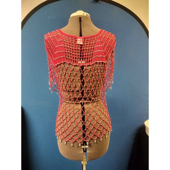 Handmade Red Beaded Open Front Capelet Shawl With Fringe Detailing - Picture 2 of 3